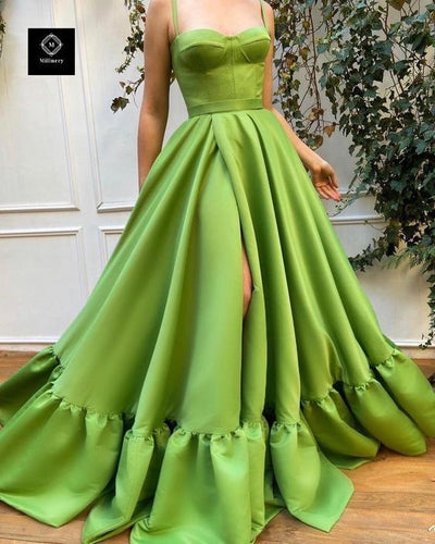 Light Olive Green Long Split Prom Dresses