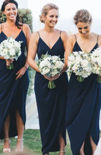 Load image into Gallery viewer, Spaghetti Straps Ankle Length Bridesmaid Dresses Navy Blue