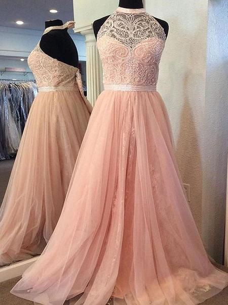 Elegant Halter Long Prom Dresses with Lace Appliques