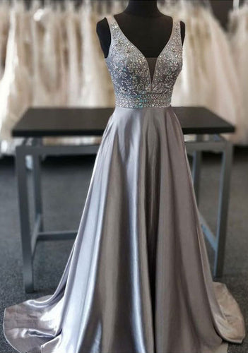 V Neck Gray Long Prom Dresses Evening Dress with Beaded