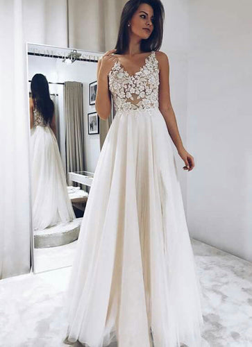 V Neck Long Prom Dresses with Appliques for Women