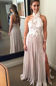 High Neck Split Side Long Prom Dresses with Appliques Flowers