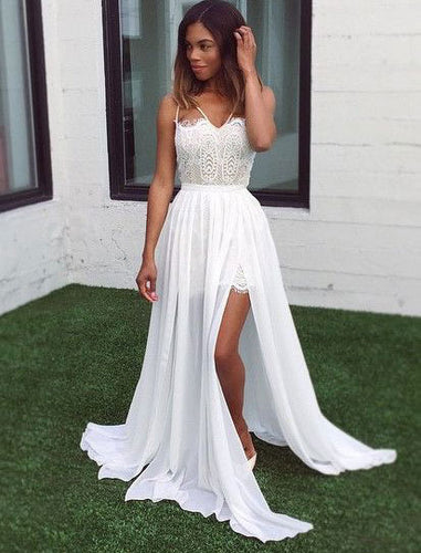 Elegant White Long Prom Dresses with Lace