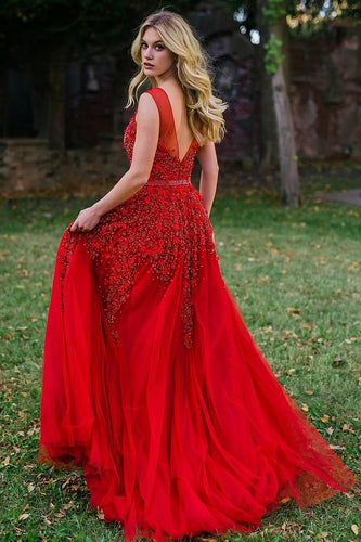 V Neck Red Prom Dresses with Flowers Appliques