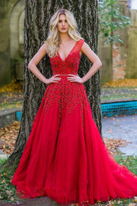 V Neck Red Prom Dresses with Flowers Appliques