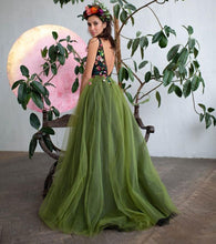 Load image into Gallery viewer, V Neck Olive Green Prom Dresses with Appliques Flowers