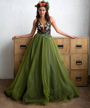 Load image into Gallery viewer, V Neck Olive Green Prom Dresses with Appliques Flowers