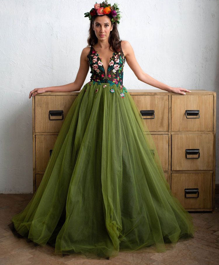 V Neck Olive Green Prom Dresses with Appliques Flowers