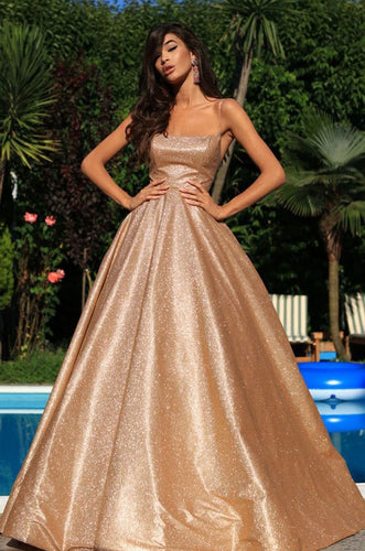 Sparkly Dark Champagne Spaghetti Straps Prom Dresses