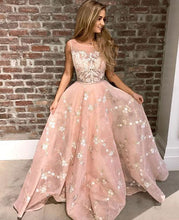 Load image into Gallery viewer, Sheer Neck Long Prom Dresses with Appliques for Women