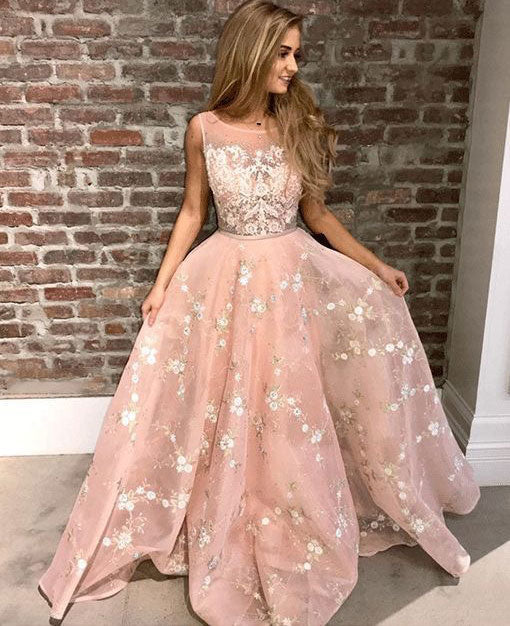 Sheer Neck Long Prom Dresses with Appliques for Women