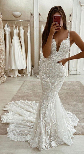 Straps Mermaid Wedding Dresses Bridal Gowns with Lace Appliques