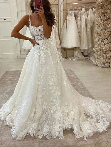 Straps Square Lace Wedding Dresses Bridal Gown