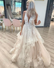 Load image into Gallery viewer, Deep V Neck Tulle Wedding Dresses Bridal Gown with Appliques