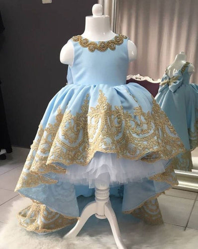 Blue Flower Girl Dresses Birthday Gown with Appliques