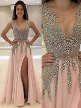 Cargar imagen en el visor de la galería, Deep V Neck Split Prom Dresses with Appliques