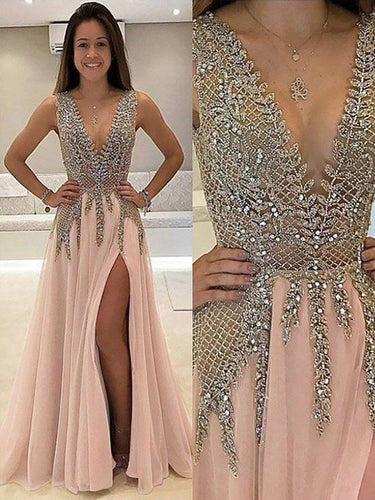 Deep V Neck Split Prom Dresses with Appliques