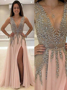 Deep V Neck Split Prom Dresses with Appliques