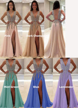 画像をギャラリービューアに読み込む, Deep V Neck Split Prom Dresses with Appliques