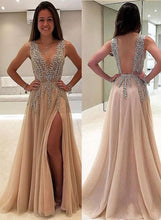 Charger l&#39;image dans la galerie, Deep V Neck Split Prom Dresses with Appliques