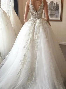 V Neck Tulle Wedding Dresses Bridal Gown with Appliques