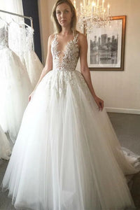 V Neck Tulle Wedding Dresses Bridal Gown with Appliques