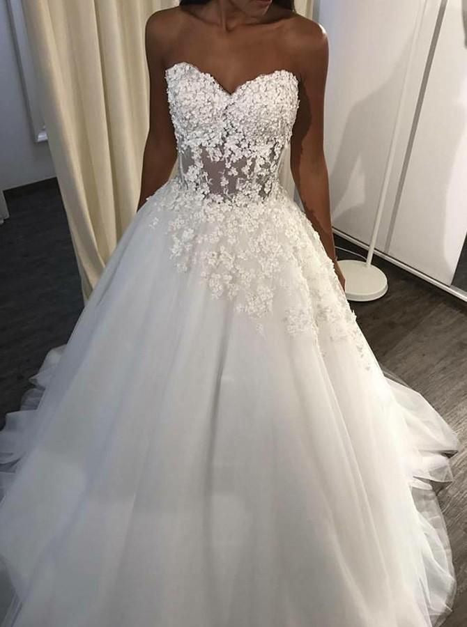 Sweetheart Tulle Wedding Dresses Bridal Gown with Appliques