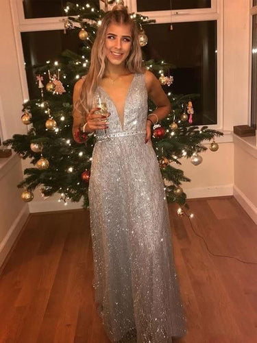 Deep V Neck Sparkly Prom Dresses Evening Gown