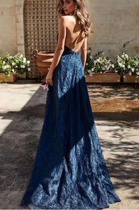 Halter Slit Lace Prom Dresses Backless Evening Dress