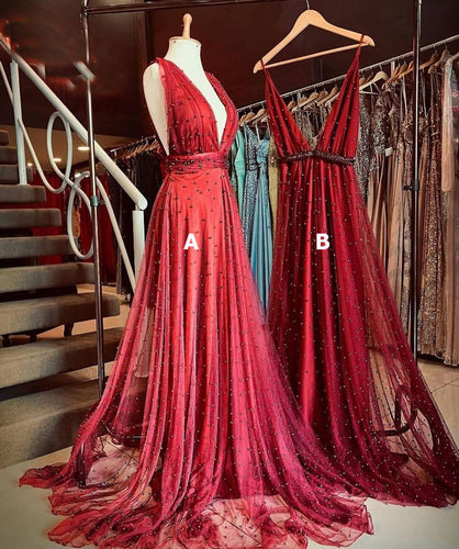 Burgundy V Neck Prom Dresses Evening Gown with Pearls