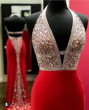 Load image into Gallery viewer, Halter Prom Dresses Red Evening Dress with Rhinestones