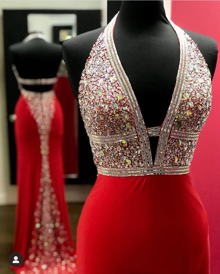 Halter Prom Dresses Red Evening Dress with Rhinestones