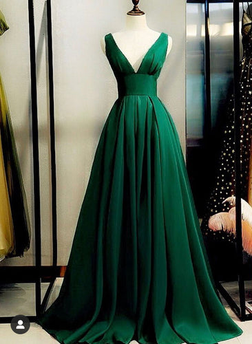 V Neck Green Prom Dresses Floor Length