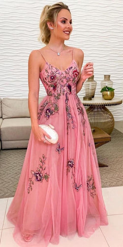 Spaghetti Straps Pink Prom Dresses with Appliques Flowers