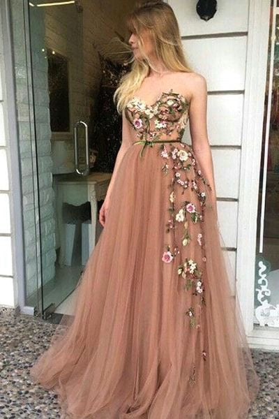 Sweetheart Long Prom Dresses with Floral Flowers