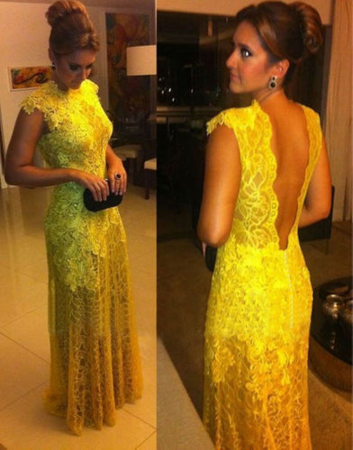 Lace Yellow Prom Dresses Long Evening Gown