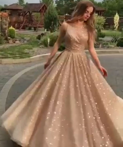 Sparkly Champagne Long Prom Dresses