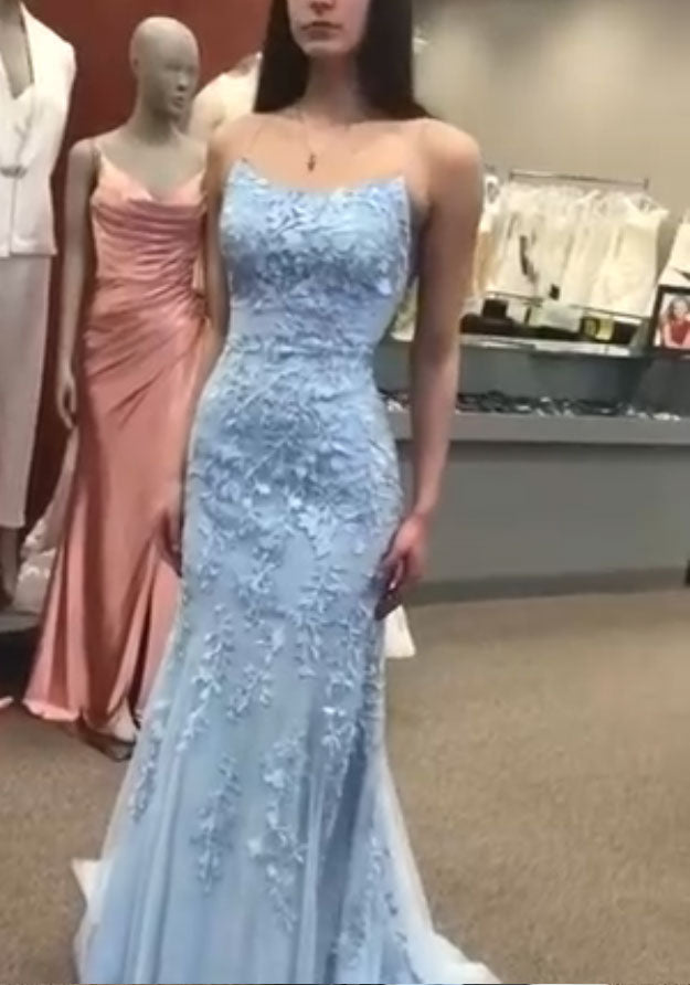 Sheath Blue Prom Dresses with Appliques