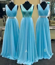 Load image into Gallery viewer, Blue Bridesmaid Dresses V Neck Floor Length