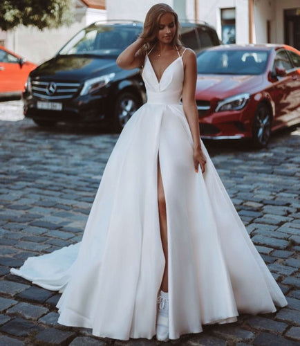 V Neck Slit Wedding Dresses Bridal Gown