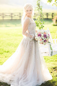 Sparkly V Neck Wedding Dresses Bridal Gown with Sleeves