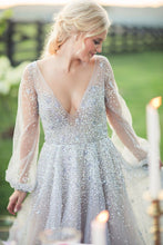 Laden Sie das Bild in den Galerie-Viewer, Sparkly V Neck Wedding Dresses Bridal Gown with Sleeves