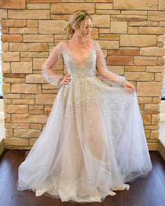 Sparkly V Neck Wedding Dresses Bridal Gown with Sleeves