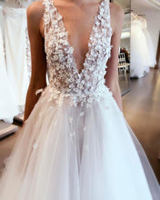 Load image into Gallery viewer, Deep V Neck Wedding Dresses Bridal Gown with Flowers