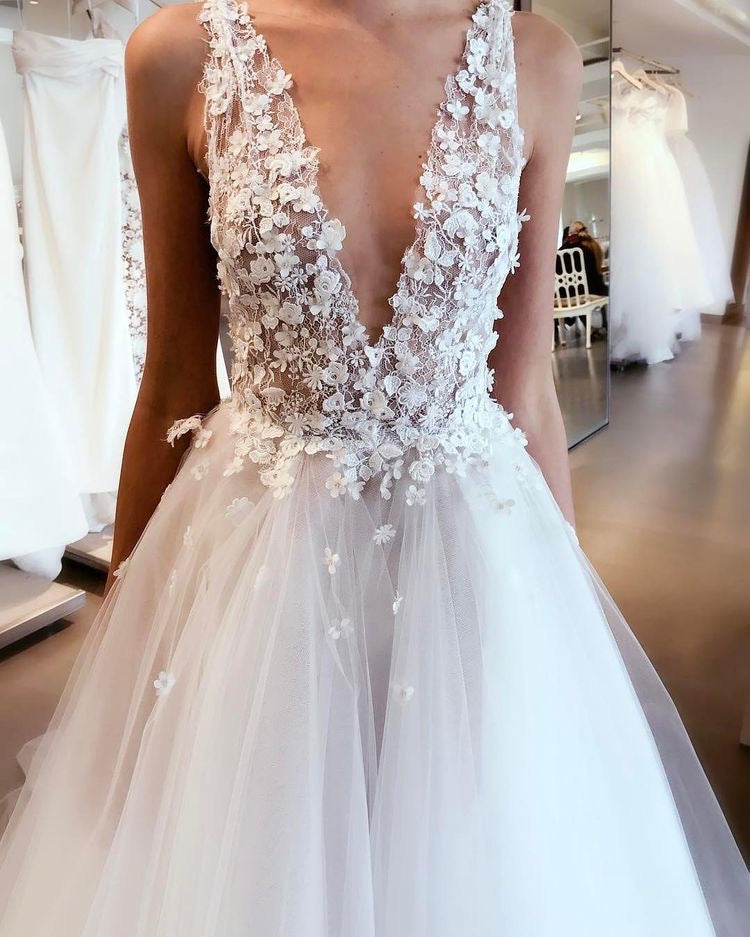 Deep V Neck Wedding Dresses Bridal Gown with Flowers