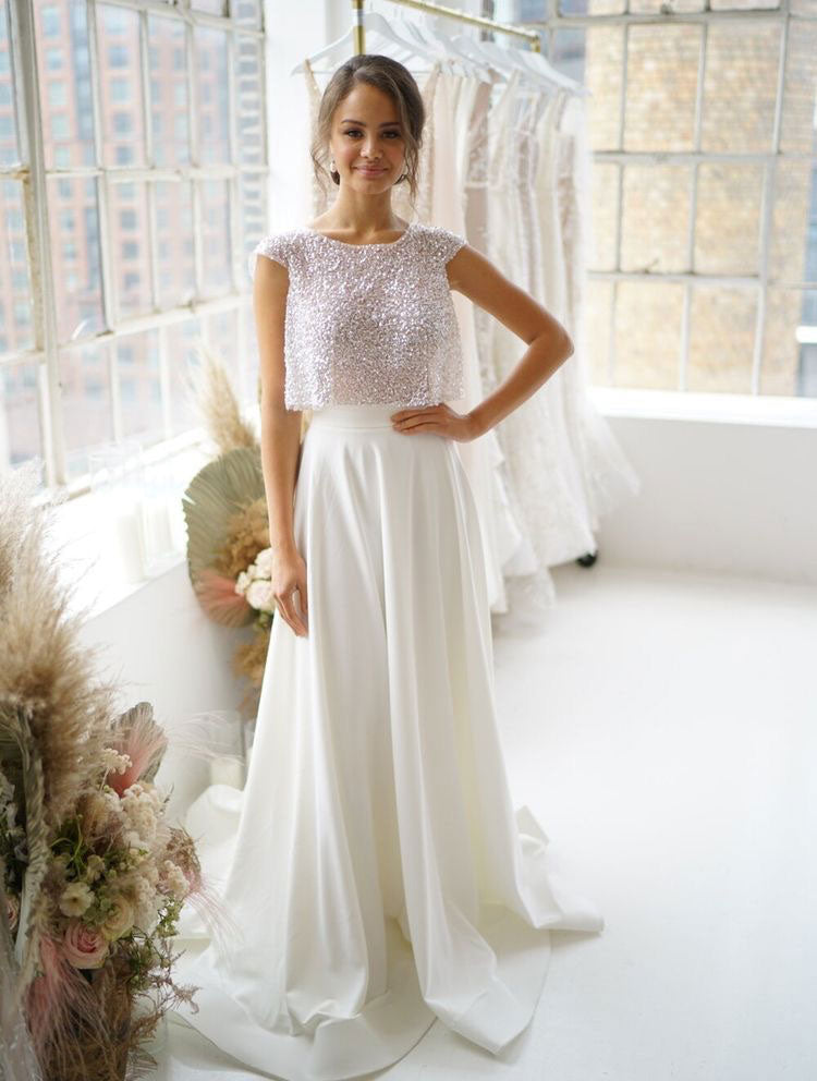 Sparkly Two Piece Wedding Dresses Bridal Gown Top with Cap Sleeves