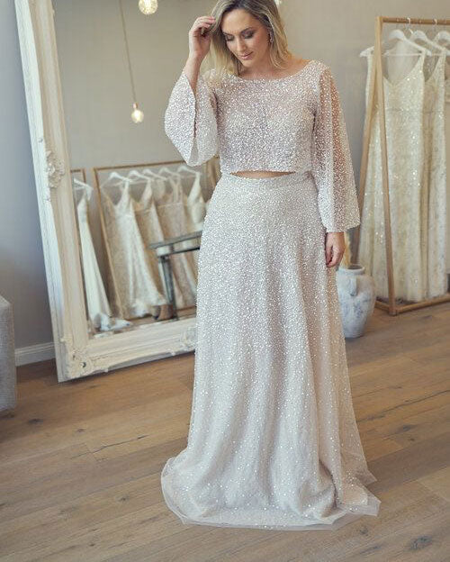 Two Piece Sparkly Wedding Dresses Bridal Gown with Sleeves