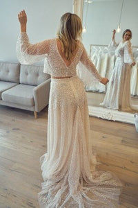 Two Piece Sparkly Wedding Dresses Bridal Gown with Sleeves