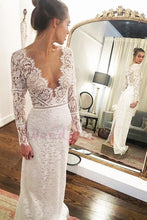 Laden Sie das Bild in den Galerie-Viewer, V Neck Sheath Wedding Dresses Bridal Gown with Sleeves