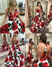 Load image into Gallery viewer, V Neck Floral Long Prom Dresses with Pockets